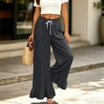 thumbnail image 6 of Women's Solid Color Ruffle Hem Wide Leg Pants - High Waisted Palazzo Trousers with Pockets, Flowy Drawstring Casual Lounge Pants Black L, 6 of 7