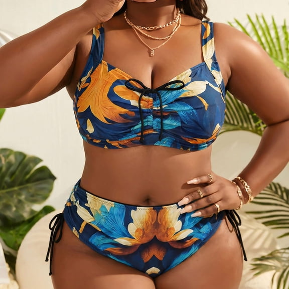 QUNYINEY Womens Bikini Swimsuits Hawaiian Standard Straps 2 Piece Plus Size High Waisted Bathing Suits Tummy Control Womn Swimsuit Sets