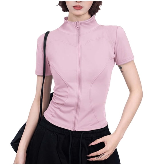 Women's Full Zipper Running Slim Stand-Up Collar Fitness Casual Short Sleeve Sports Workout Jacket