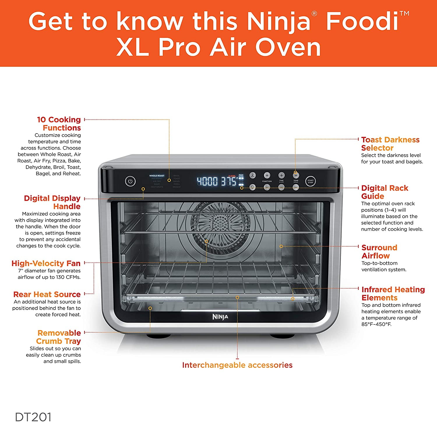 Ninja SP201 Digital Air Fry Pro Countertop 8-in-1 Oven, Extended Height (Refurbished)