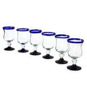 NOVICA Artisan Crafted Clear Blue Rim Hand Blown Recycled Glass Wine Glasses, 7 oz, Spring' (set of 6)