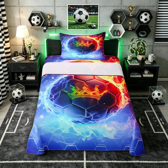 Erosebridal Teens Abstract Flame Soccer Twin Sheet Sets 3pcs,Sport Football Hexagon Bedding for Kids Boys Girls,Lightweight Room Decor