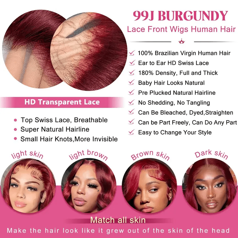 99J Burgundy Lace Front Wig Human Hair 13X6 Body Wave Lace Frontal Wigs Transparent Frontal Wig Colored Pre Plucked 200 Density Wine Red Wigs 26inch