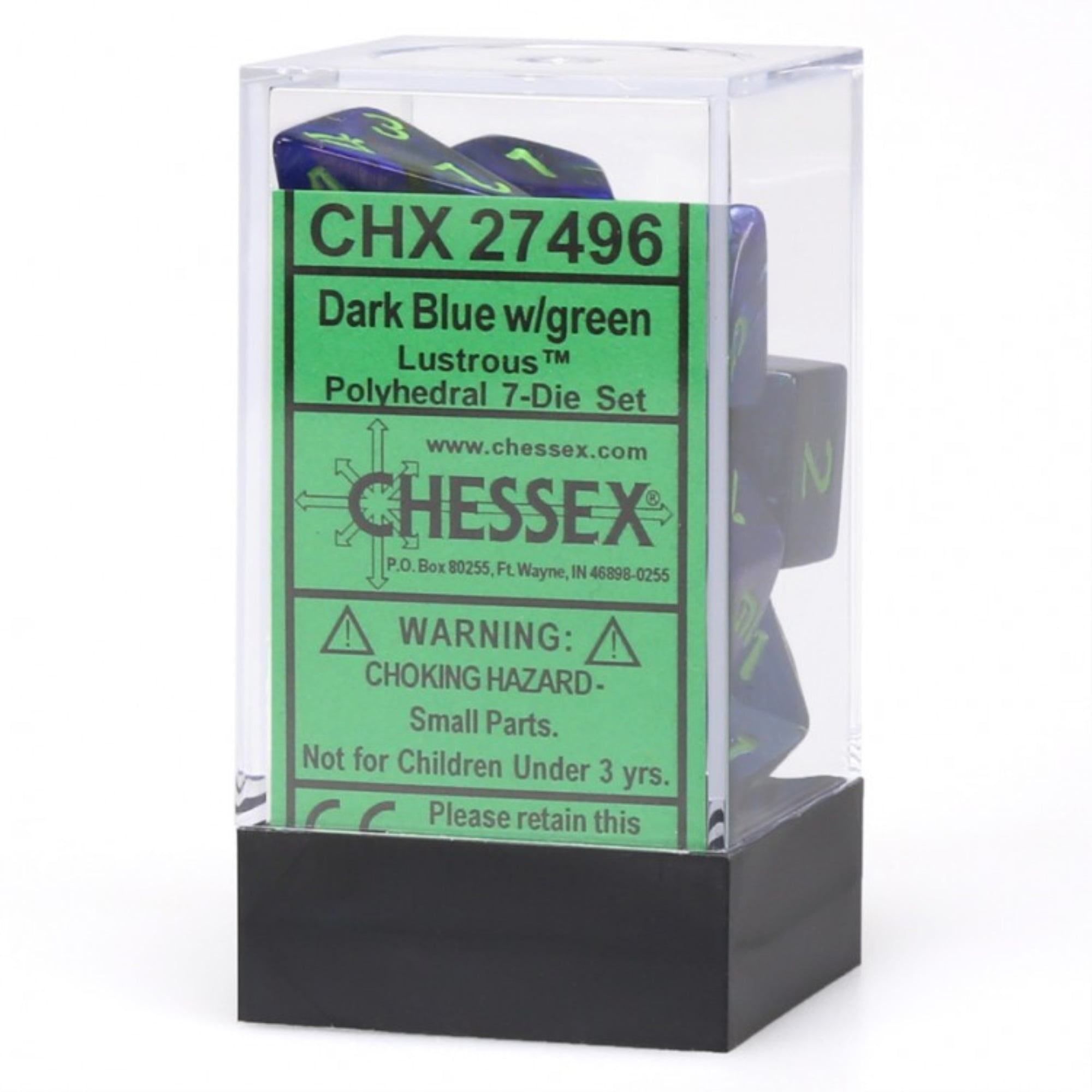 Chessex Manufacturing 27496 Lustrous Dark Blue With Green Numbers Dice Set of 7 for sale online 