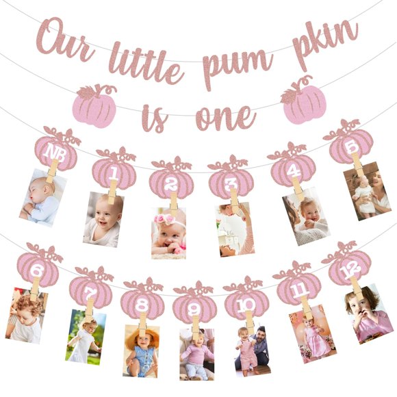 Bannière Photo Citrouille Rose d'Automne pour 1er Anniversaire Bannière Photo Citrouille pour Nouveau-Né à 12 Mois Guirlande de Photographie pour Bébé Fille Fournitures de Fête pour 1er Anniversaire