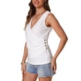 thumbnail image 4 of INSPIRAR CHIC Blusas sin mangas de cuello en V profundo para mujer, con diseño hueco, envolventes, fruncidas y decoradas con botones, tamaño XS, color blanco, 4 of 6