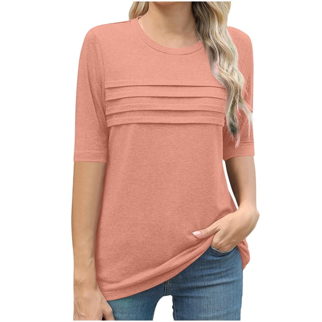 Atogsazn Hauts à Manches Courtes pour Femmes Chemises Boho Col Rond Plissé Tenue d'Été Blouses à Manches Bouffantes Tunique Décontractée 01-Orange TG Mode