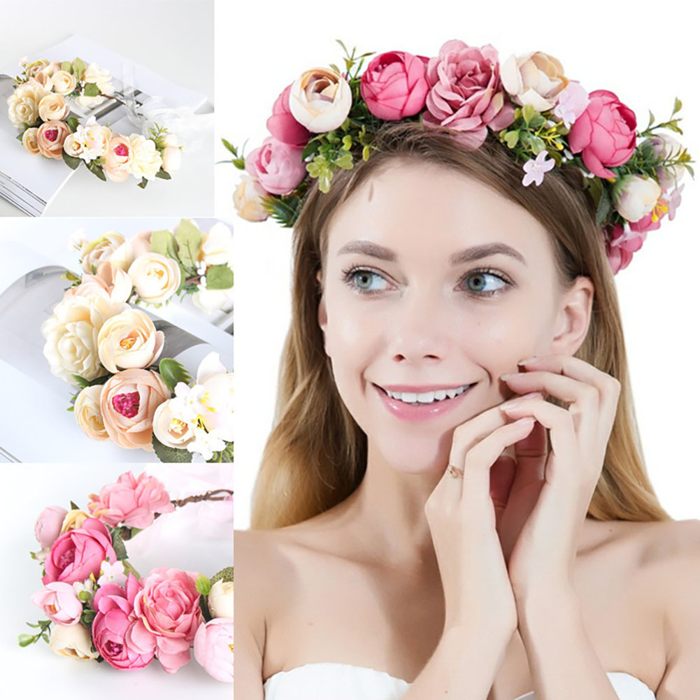 Leeten Artificial Wreath Headdress Bride Crown Pink Simulation Rose Flower Garland for Wedding