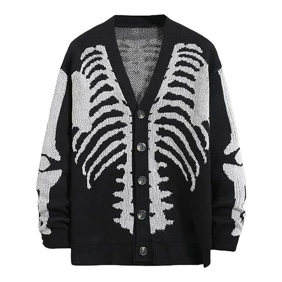 Womens Summer Blouses Unisex Knitted Cardigan Sweater Skeleton Intarsia Print Womens Tee,A,L