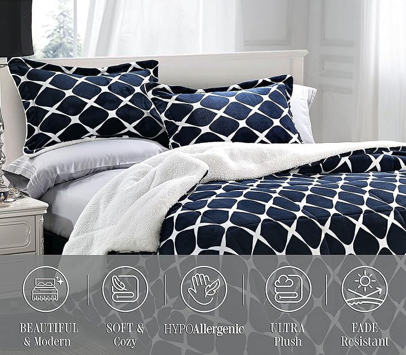 Elegant Comfort 3-Piece Luna Ogee Pattern Collection, Reversible Sherpa Comforter, Soft, Breathable & comfy Fabric, High Quality Micro-Suede, Ogee Pattern Sherpa Comforter, King, Midnight Navy