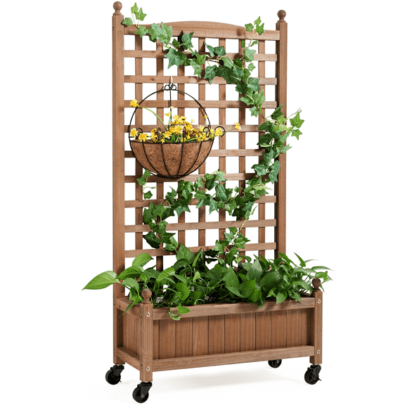 Yaheetech 50''H Raised Garden Bed with Trellis Planter Box, Dark Brown