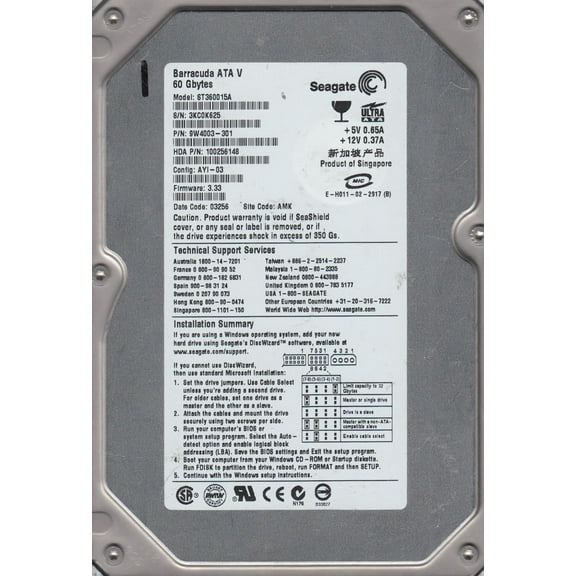 ST360015A, 3KC, AMK, PN 9W4003-301, FW 3.33, Western Digital 60GB IDE 3.5 Hard Drive