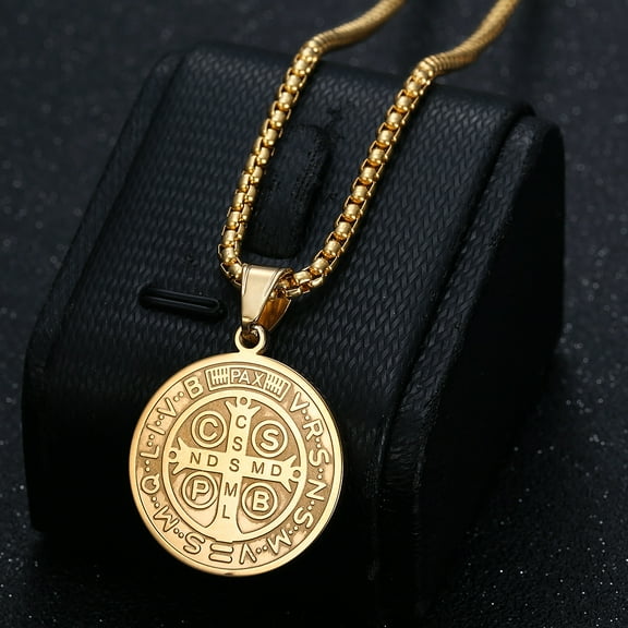 Catholic Saint Benedict Medallion 14K Yellow Gold Pendant Necklace Golden Silver Color San Benito Collares For Men Jewelry