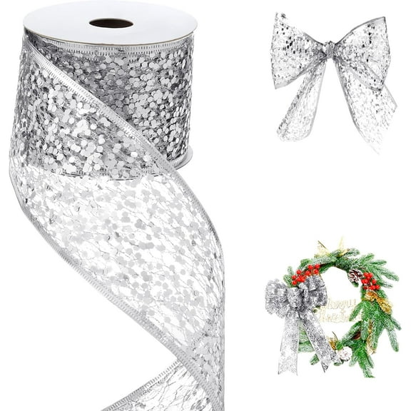 2.5 Inch Mesh Wired Ribbon Metallic Sequin Glitter Web for Christmas Tree Gift Wrapping Crafts Topper Bows Wreaths Holiday Decor Garland 10 Yards