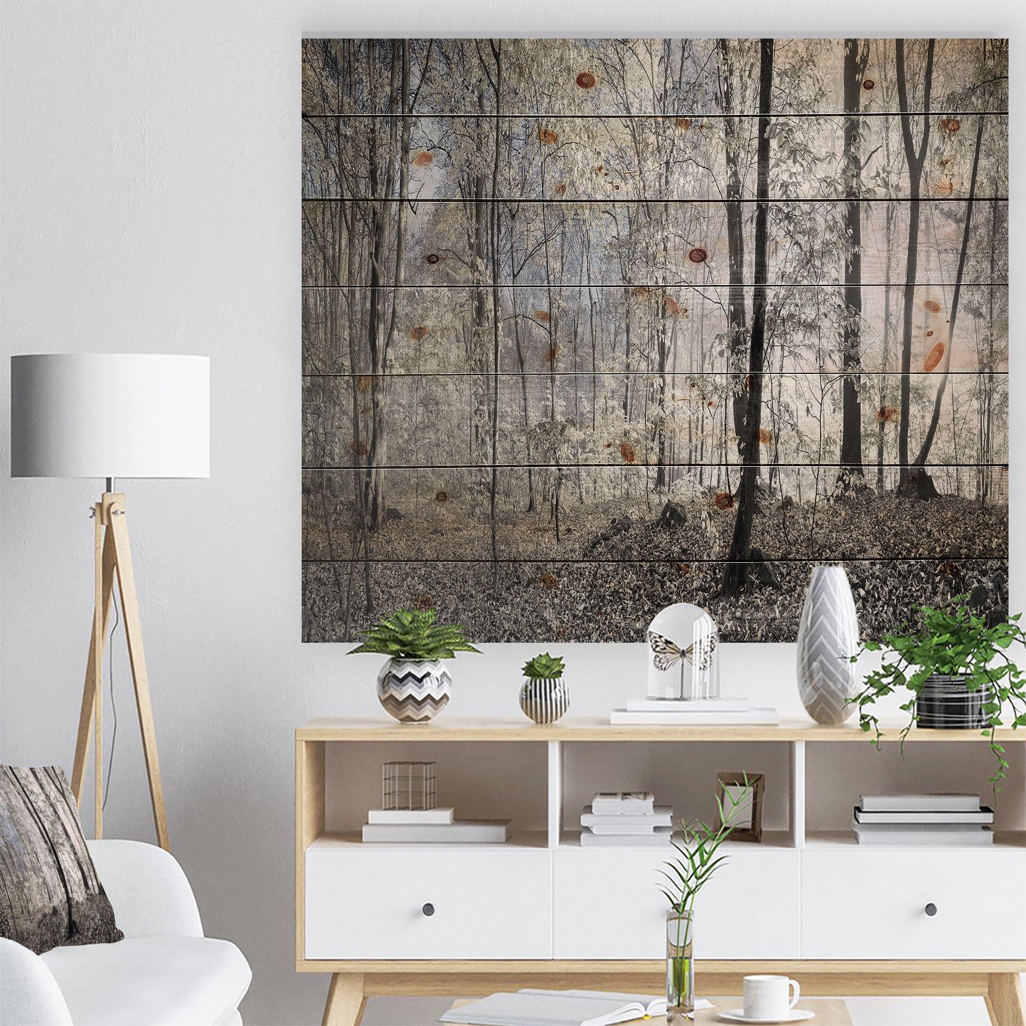 Designart 'Dark Morning in Forest Panorama' Landscape Print on Natural Pine Wood