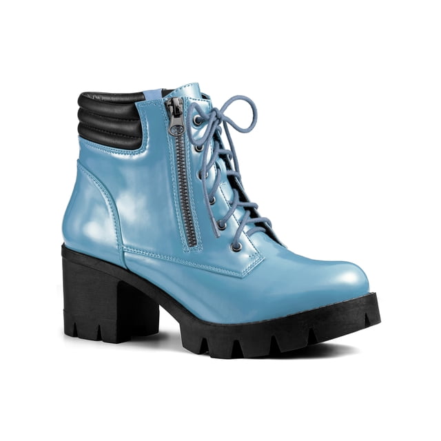 Unique Bargains Women's Rounded Toe Side Zip Combat Block Heel Ankle Boots