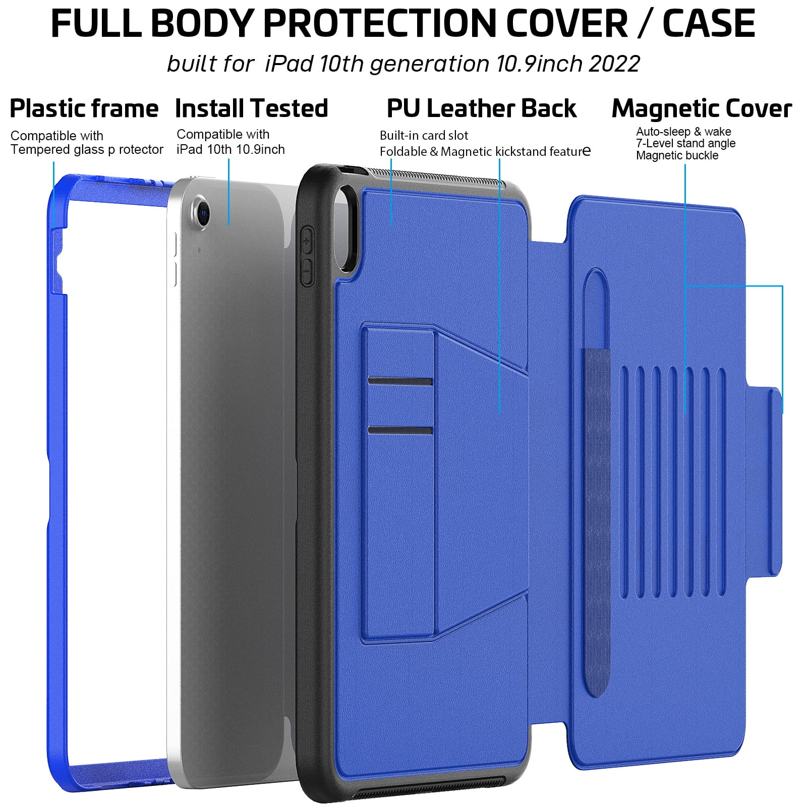 Dteck Case for iPad 11-inch (A16) 2025 / iPad 10th Generation 10.9-inch,Luxury Business Leather Smart Case Heavy Duty Rubber Card Holder Kickstand Folio Magnetic Cover with Pencil Holder,Blue