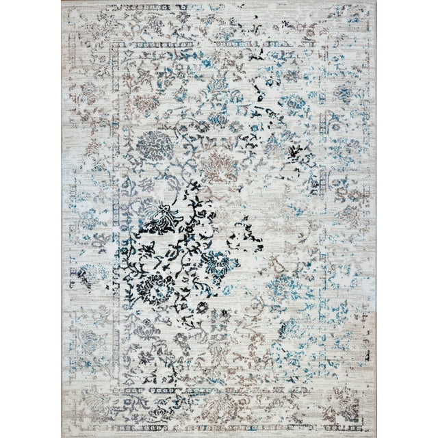 LaDole Rugs Cream Beige Blue Area Rug, Living Room, Contemporary, Vintage, 5' x 7', Plush Feel