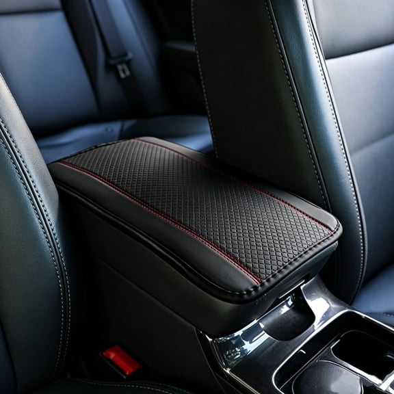 Car Armrest Cover, Black & Red, Leather, Anti Slip Leather Console Protector
