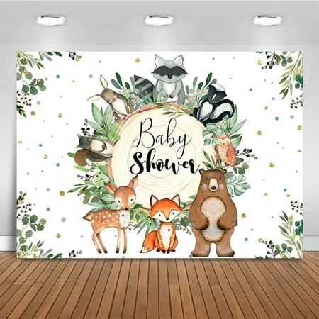 Image of Woodland Baby Shower Backdrop Greenery Woodland Animals Baby Shower Background Cute Forest Baby Shower Party Cake Table Decoration Photo Booth Props (7x5ft)
