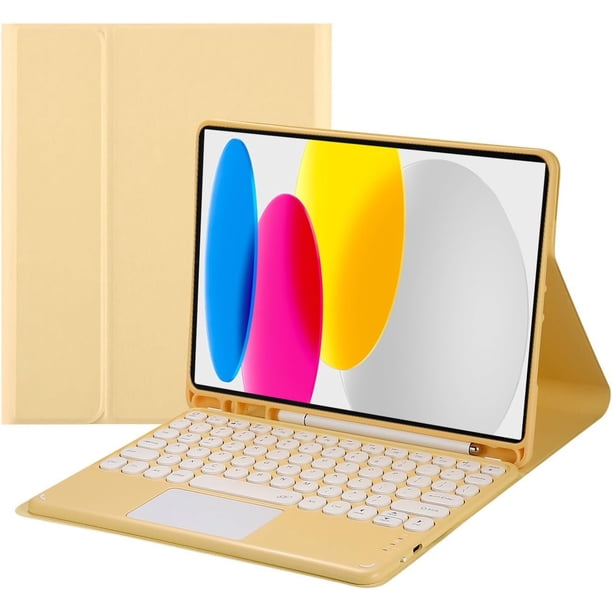 Funda Protectora para IPad con Soporte para Lápiz - Teclado Táctil Bluetooth Magnético Desmontable (Amarillo)