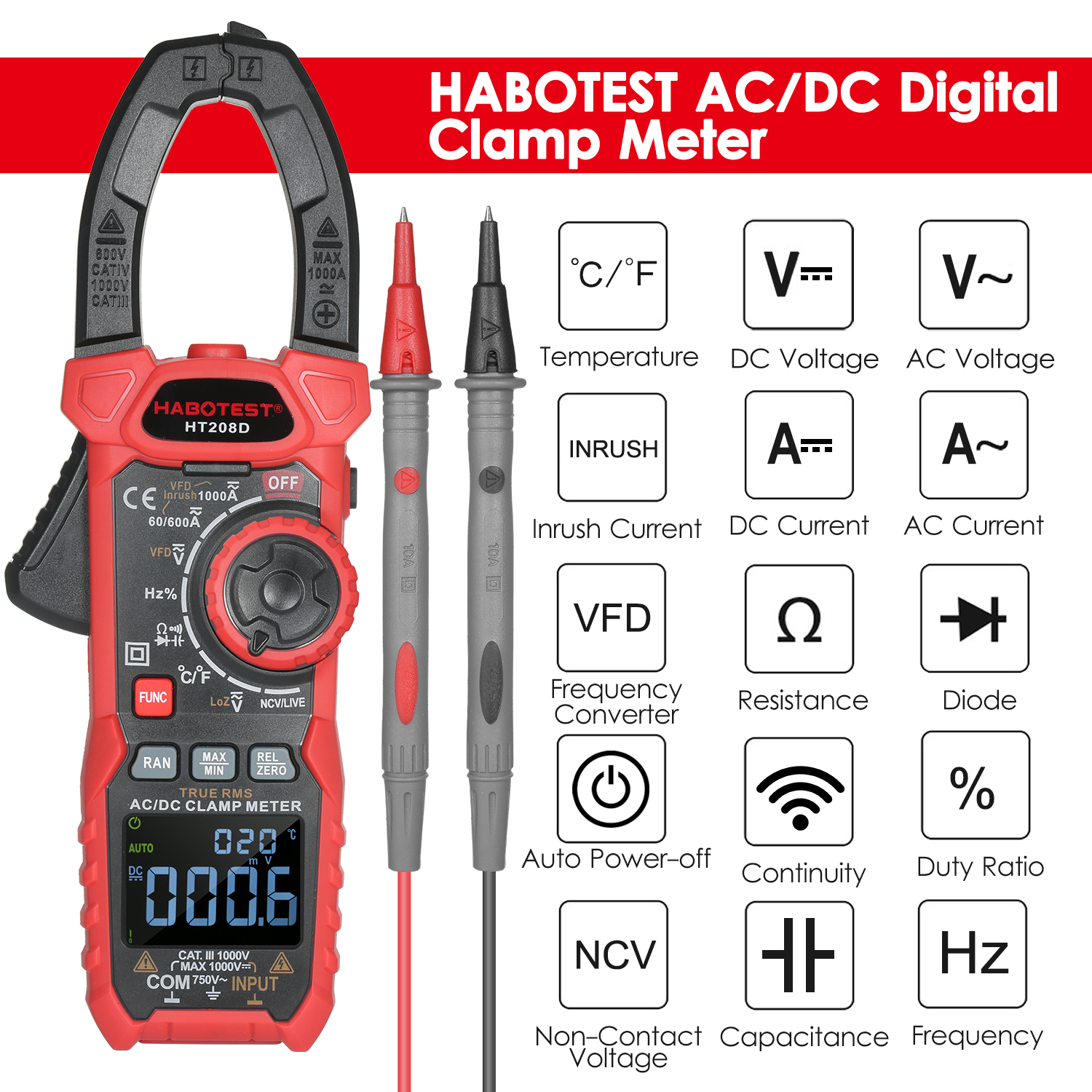 Meterk AC/DC Digital Clamp Meter True-RMS Multimeter Anto-Ranging Multi  Tester Current Clamp with Amp Volt Ohm Diode Capacitance Resistance  Continuity NCV Temperature Duty Ratio VFD Tests