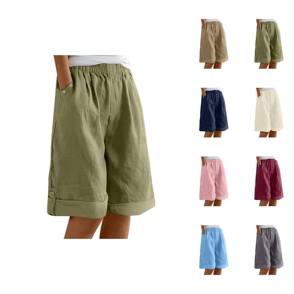Womens Bermuda Shorts Breathable Cotton Linen Elastic Waistband Pockets Knee Length Bermuda Long Shorts for Women