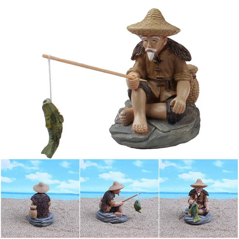 Fishing Old Man Resin Figure Statue Sitting Garden Ornament for Outdoor Pool Micro-landscape Bonsai Garden Crafts, Size: Small