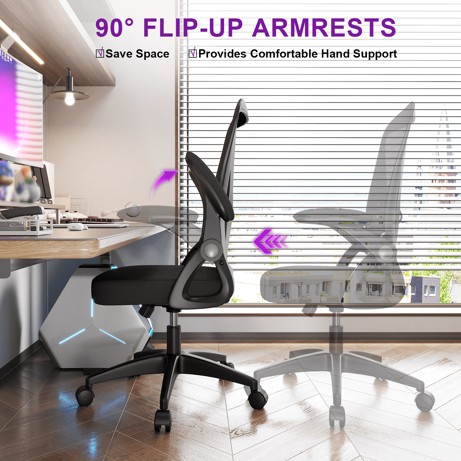 Bigzzia Ergonomic Office Chair, Mid-Back, Adjustable Height, Flip-Up Arms and Lumbar Support, Black