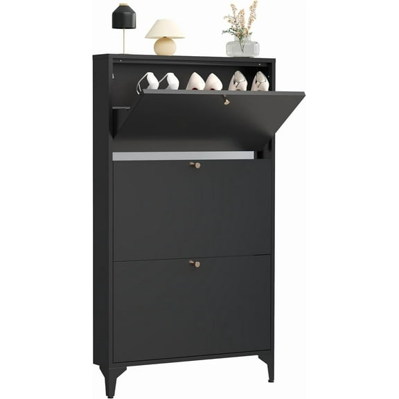 Shoe Storage Cabinet for Entryway with 3 Flip Drawers, Freestanding Shoe Organizer with Legs,Farmhouse Narrow Shoe Storage Cabinet for Entryway, Foyer, Hallway,Living Room (3-Drawers, Black)