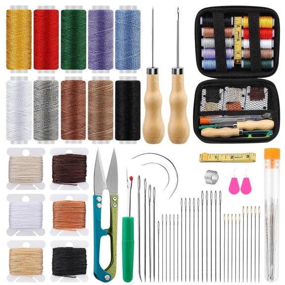 58pcs Leather Sewing Kit, TSV Upholstery Repair Sewing Kit, Heavy Duty Sewing Kit with Sewing Awl, Seam Ripper, Leather Hand Stitching Needles, Threads