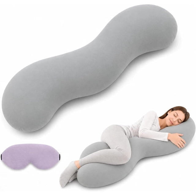 Pea Pod Body Pillow for Side Sleeper, 105 x 30 CM Pea Pod Body Pillow for Adults, S Shaped Ergonomic Bolster, Soft Alignment Pillow for Back Hip Leg Support Sleep (Grey)