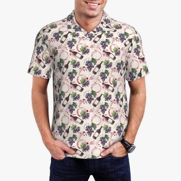 Balery Watercolor Wine Bottle Camisa Polo de Hombre con Estampado, de Manga Corta y Tejido Medio, Camisa Tipo Golf Polo-Small