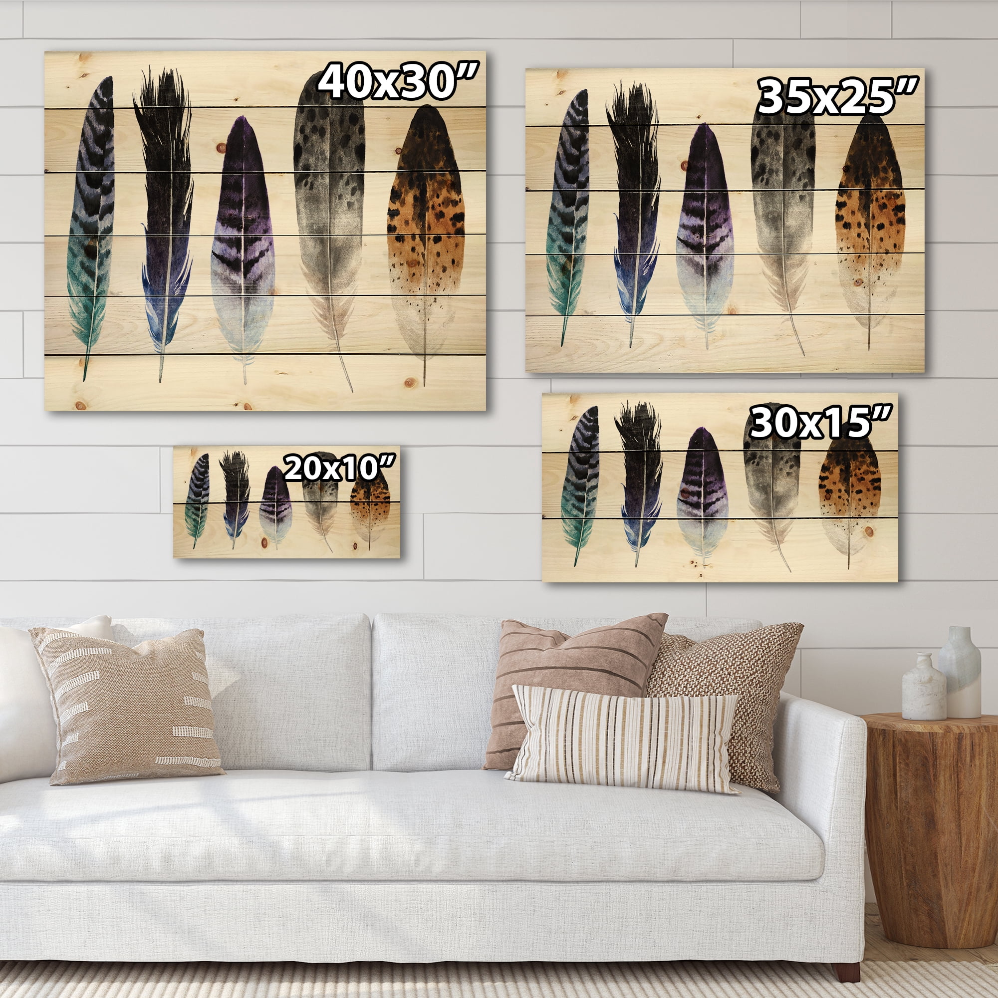 Designart 'Colourful Boho Art Feathers II' Bohemian & Eclectic Print on Natural Pine Wood
