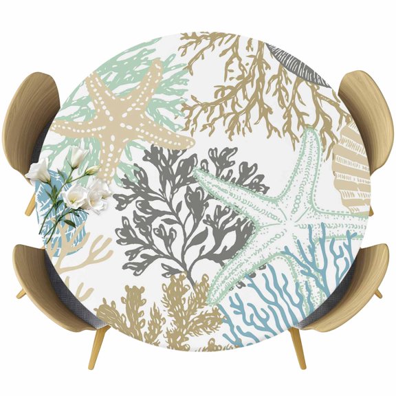 Brown Coastal Round Tablecloth 55-60 Inch Round Fitted Table Cloth with Elastic Edge, Teal Grey Sea Coral Starfish Nautical Waterproof Table Cover Protector for Outdoor Picnic Party Dining