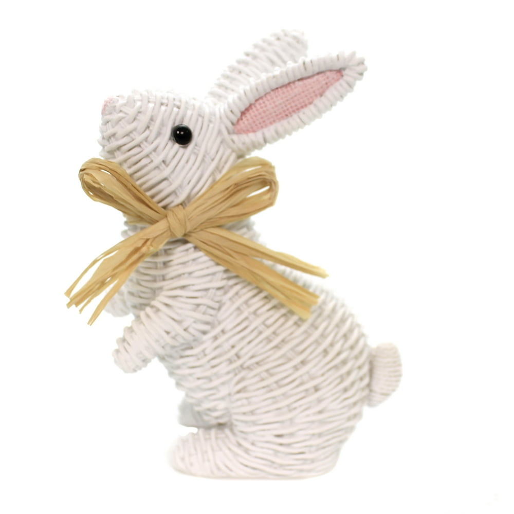 Easter BUNNIES WICKER LOOK Polyresin Rabbits White Ea17155 Standing