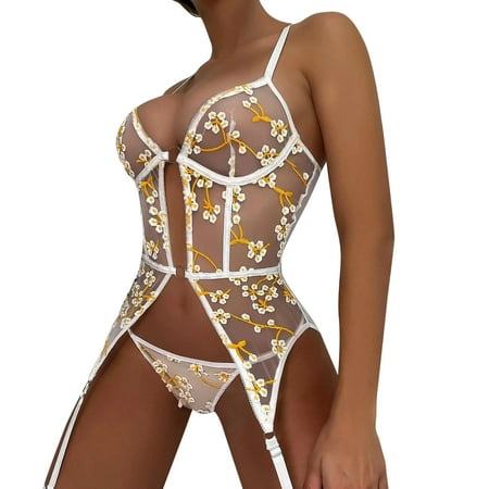 

XINSHIDE Women Sexy Desire Transparent Mesh Embroidery Print Temptation Pajamas Lingerie Set Women Lingerie Sexy