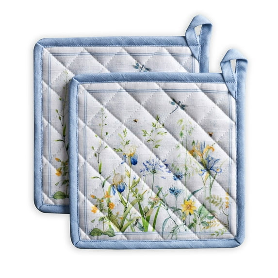 Maison d' Hermine Fleurs De Mai 100% Cotton Set of 2 Pot Holders with Loop Heat Resistant for BBQ | Cooking | Baking | Grilling | Microwave | Barbecue | Spring/Summer (8 Inch by 8 Inch).