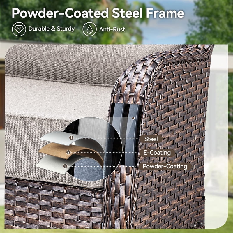 PARKWELL 5-Piece Outdoor Patio Furniture High Back Conversation Set with Swivel Glider Chairs and Fire Pit Table,50,000 BTU,Luxury 6" Thick Cushions,Wicker Patio Set for Deck, Backyard,Brown/Beige