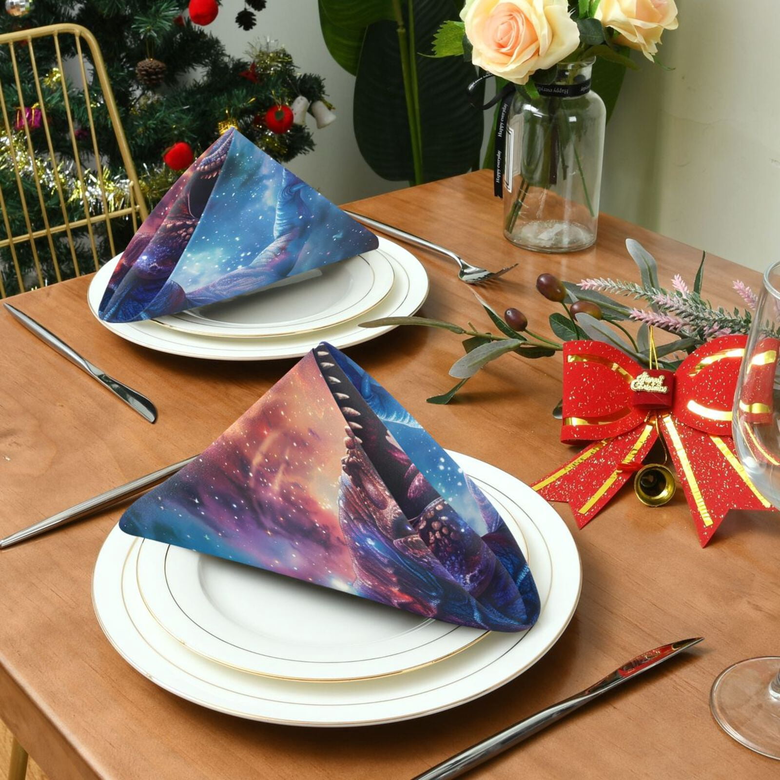 JSTEL T-rex Dinosaur Tyrannosaurus Dino Nebula Cloth Napkins Set of 6, 20x20 Inch Washable and Reusable Napkin for Decoupage Dinner Party Everyday Use