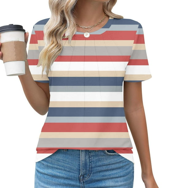 Fiudx Camisas para Mujer Jersey Plisado Estampado con Cuello Redondo para Mujer, Top Informal de Moda de Manga Corta para Primavera/Verano