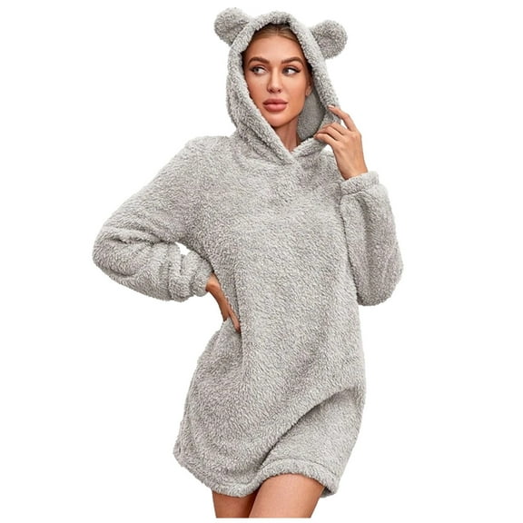 cllios Bear Ear Hoodies for Women Sherpa Cute Sweatshirt Dress Casual Long Sleeve Plush Warm Pullover Sweatshirt