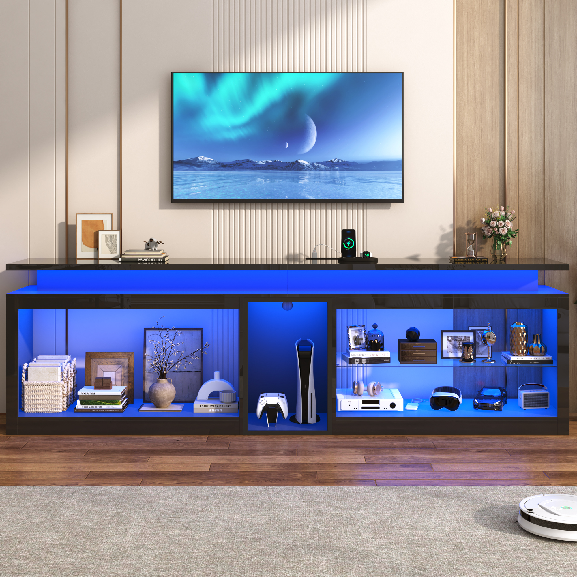Chvans Modern LED TV Stand for TVs up to 115", High Gloss Black photo 7