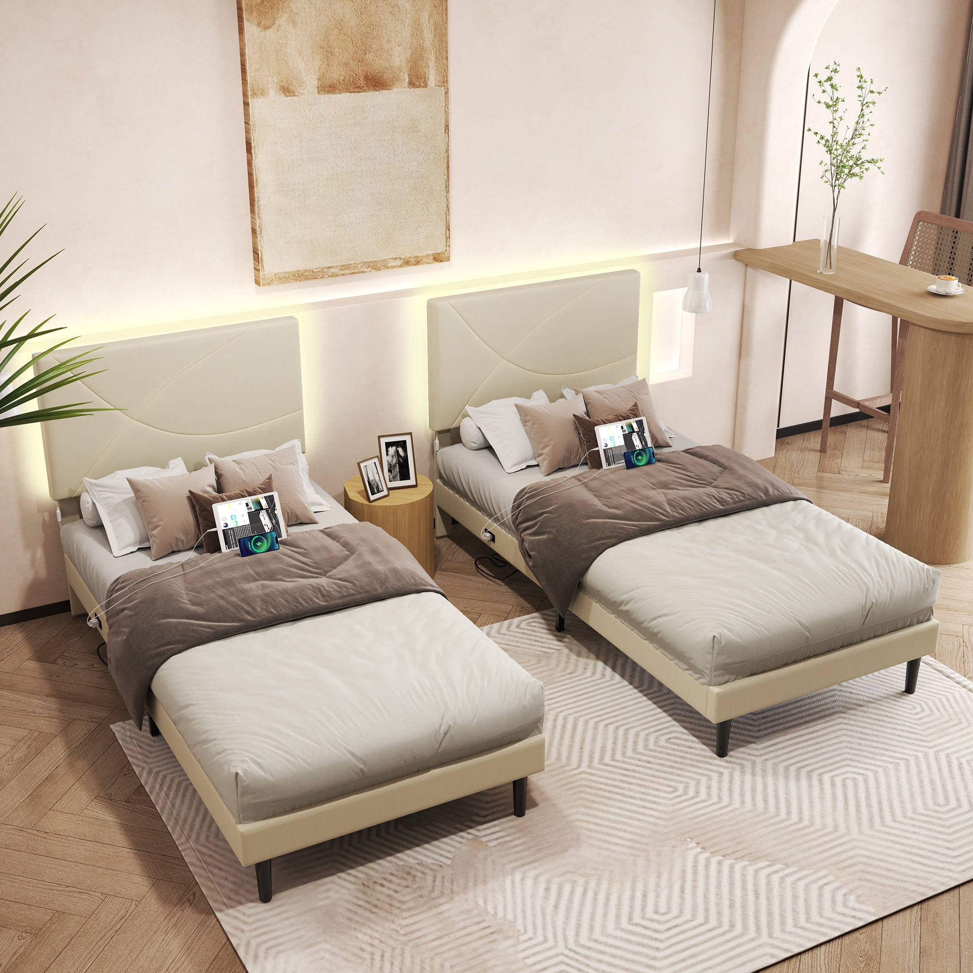 Homy Casa Twin Size Platform Bed Frame with LED Lights and USB Charging Station, Beige Fabric
