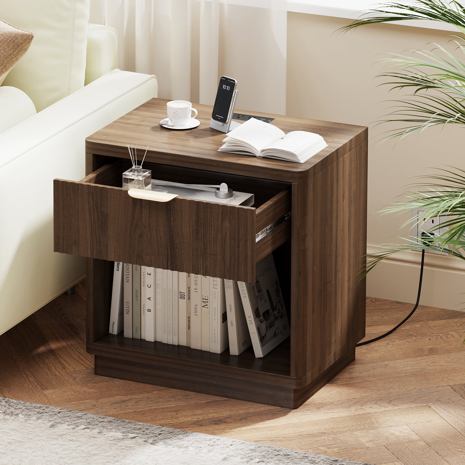 Pusnapku Fluted Night Stand, 22" Farmhouse Bedside Table with Charging Station, Curved Design Wood End Table with Drawer, for Living Room, Bedroom