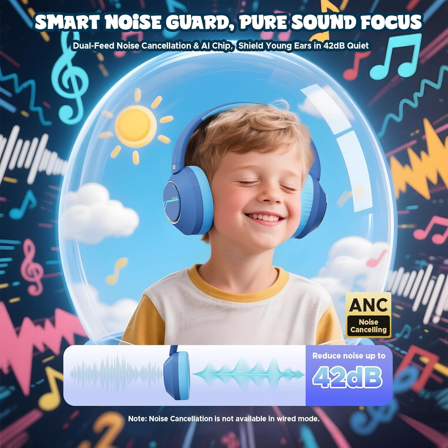 Nova1Pro Kids Wireless Active Noise Cancelling Headphones, Bluetooth 5.4, 40H Playtime, Volume Limited 75/85/94dB, Type-C Fast Charging, Mic, Foldable for School/Travel/Airplane, Blue