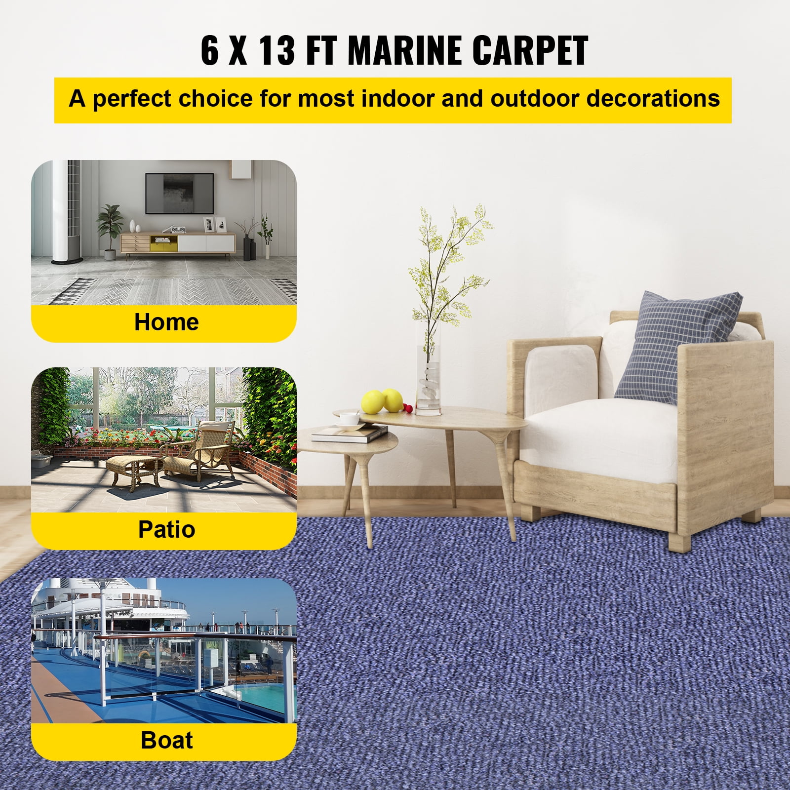 VEVOR Boat Carpet 6x13' Indoor Outdoor Marine Carpet Rug - Size Optional - 32 oz. waterproof patio Anti-slide rug, Blue