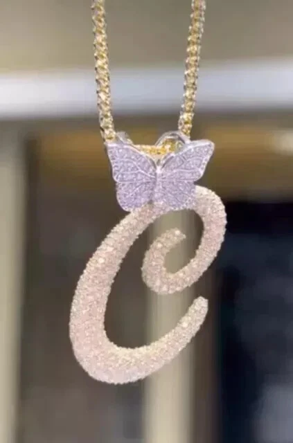14K Yellow Gold Plated 2TCW Round Cut Moissanite Custom Butterfly Letter Pendant 2 inch