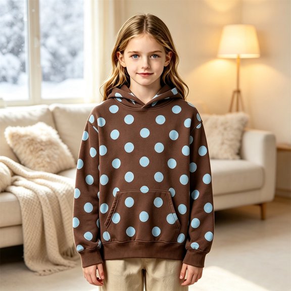 Girls Polka Dot Print Hoodie, Long Sleeve Pullover Sweatshirt with Pouch Pocket for Fall