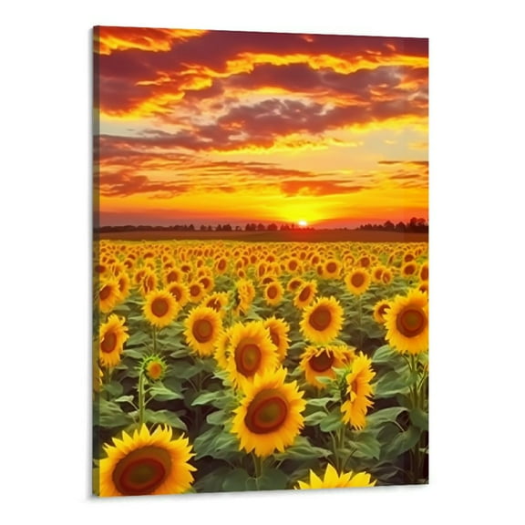 Creowell Sunflowers Painting Wall Art Canvas - Sunshine Framed Pictures Florals Prints Modern Home Decor Sunset Landscape Artwork Yellow Flowers for Living Room Kitchen Ready to Hang 16x20 Inch